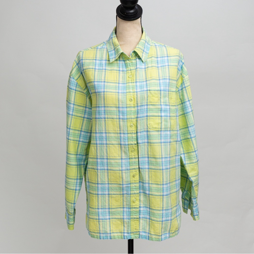 Linen blend checked plaid button down vintage White Stag L